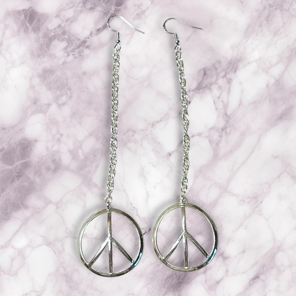 Hand Crafted Peace Earrings Duster Long Pierced Silver Chains Dangle - Picture 4 of 7